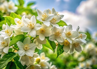 Fototapeta premium Close-up on a jasmine bush, each delicate flower defined against a gray sky.
