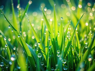Fototapeta premium Close up view of a grassy field, morning dew glistening.