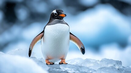 Fototapeta premium A gentoo penguin stands on a snowy surface with a glacier in the background.