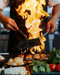 Chef Preparing Teppanyaki on a Hot Grill in Restaurant Kitchen