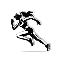vector silhouette of a woman runner with long hair and wearing a hat