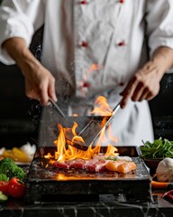 Chef Preparing Teppanyaki on a Hot Grill in Restaurant Kitchen