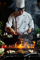 Chef Preparing Teppanyaki on a Hot Grill in Restaurant Kitchen