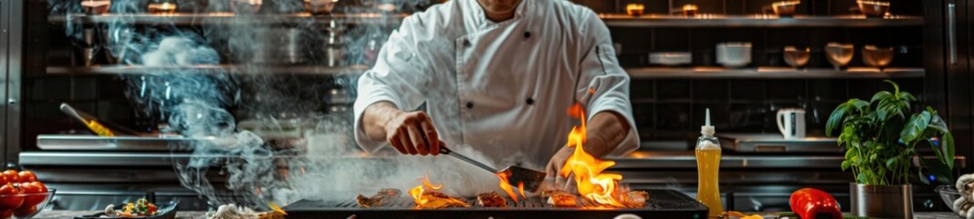 Chef Preparing Teppanyaki on a Hot Grill in Restaurant Kitchen