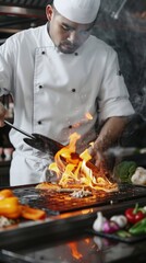 Chef Preparing Teppanyaki on a Hot Grill in Restaurant Kitchen
