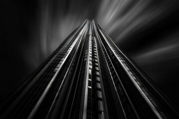 Reaching for the Sky: A dramatic black and white photograph of a towering skyscraper reaching towards a swirling sky, with the effect of motion blur creating an abstract and dynamic composition. 