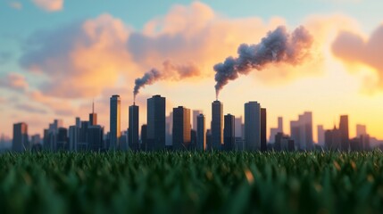 Fototapeta premium Cityscape with smoke pollution and green grass in foreground.