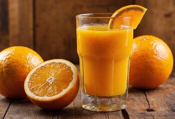 Close-up of a freshly squeezed orange juice in a clear glass, with vibrant orange color and pulp visible, set on a rustic wooden surface. Ai generated image.