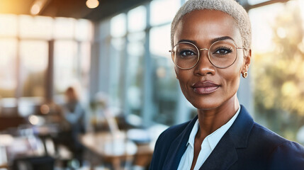 Fototapeta premium Bellissima donna afro americana di 45 anni con vestito elegante, occhiali e capelli bianchi in un moderno ufficio con ampie vetrate e vista sulla città