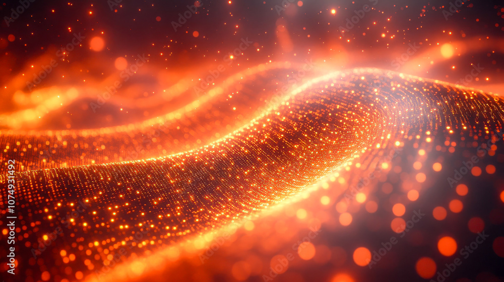 Poster glowing orange particles in a wave pattern, giving a futuristic and dynamic effect, representing tec