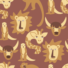 Vector seamless pattern with different African animals in the form of their capital letters Lion, Giraffe, Monkey, Yak and Xerus