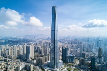 Fototapeta premium Reaching for the Sky: A majestic skyscraper pierces a vibrant cityscape under a brilliant blue sky, symbolizing ambition, progress, and modern architecture. 