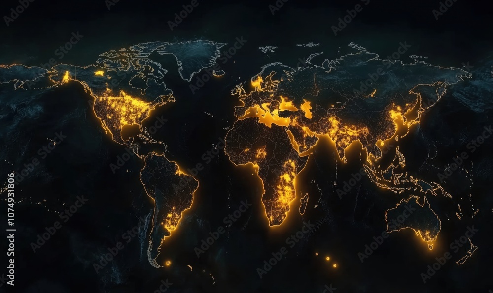 Poster illuminated world map showing urban areas and population density