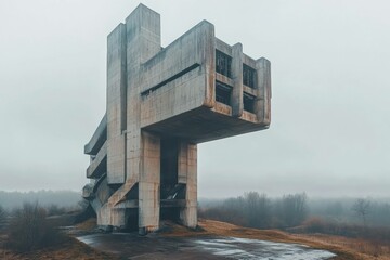 Mysterious Concrete Colossus: A Brutalist architectural marvel shrouded in mist, its imposing form and stark lines evoke a sense of mystery and forgotten grandeur.  