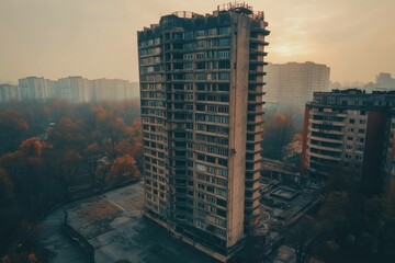 Desolate Highrise: An evocative drone shot captures a decaying highrise building amidst a hazy...