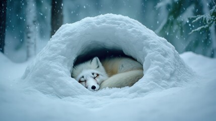 A serene arctic fox rests comfortably in a snow cave, surrounded by a wintry landscape, evoking a sense of tranquility and coziness in a cold environment.