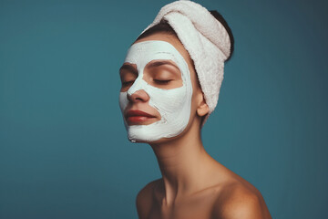 Close up portrait of a toung person with a mud mask on her face applying a facial clay peel