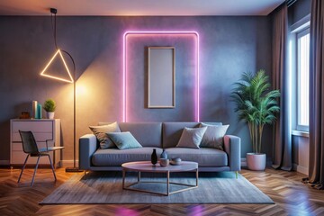 a room with a couch, a table, and a large mirror