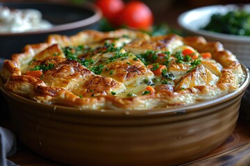 Close-up of a golden-brown chicken pot pie with a flaky crust
