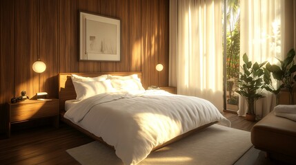 A stylish bedroom showcasing a neatly made bed with plush white linens, set against wood panel walls, with floor-to-ceiling curtains and abundant natural light.