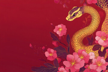Obraz premium Gold snake amid pink blooms