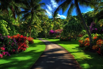 Obraz premium A scenic pathway through a lush tropical garden filled with vibrant flowers and palm trees.