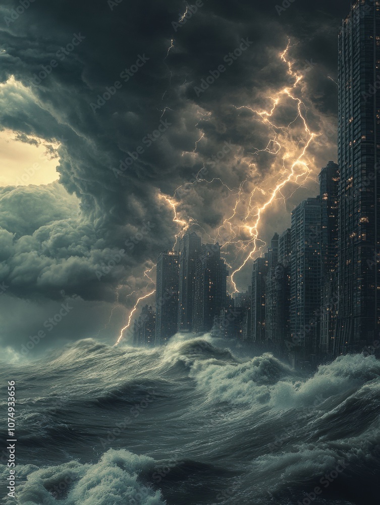 Poster Dark clouds gather over the coastal city as waves crash violently and lightning strikes, creating an ominous atmosphere at dusk. Generative AI