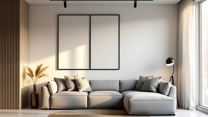 Frame mockup, ISO A paper size. Living room wall poster mockup. Interior mockup with house background. Modern interior design. 3D render