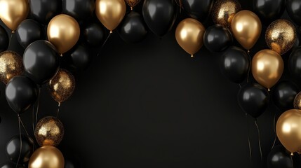A black and gold balloon arch with many balloons