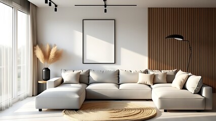 Frame mockup, ISO A paper size. Living room wall poster mockup. Interior mockup with house background. Modern interior design. 3D render