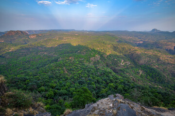 Naklejka premium Beautiful Sunset view of satpura mountain range, View from Dhoopgarh, Pachmarhi, Madhya Pradesh, India.