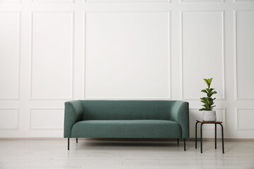 Stylish sofa and plant on side table near white wall