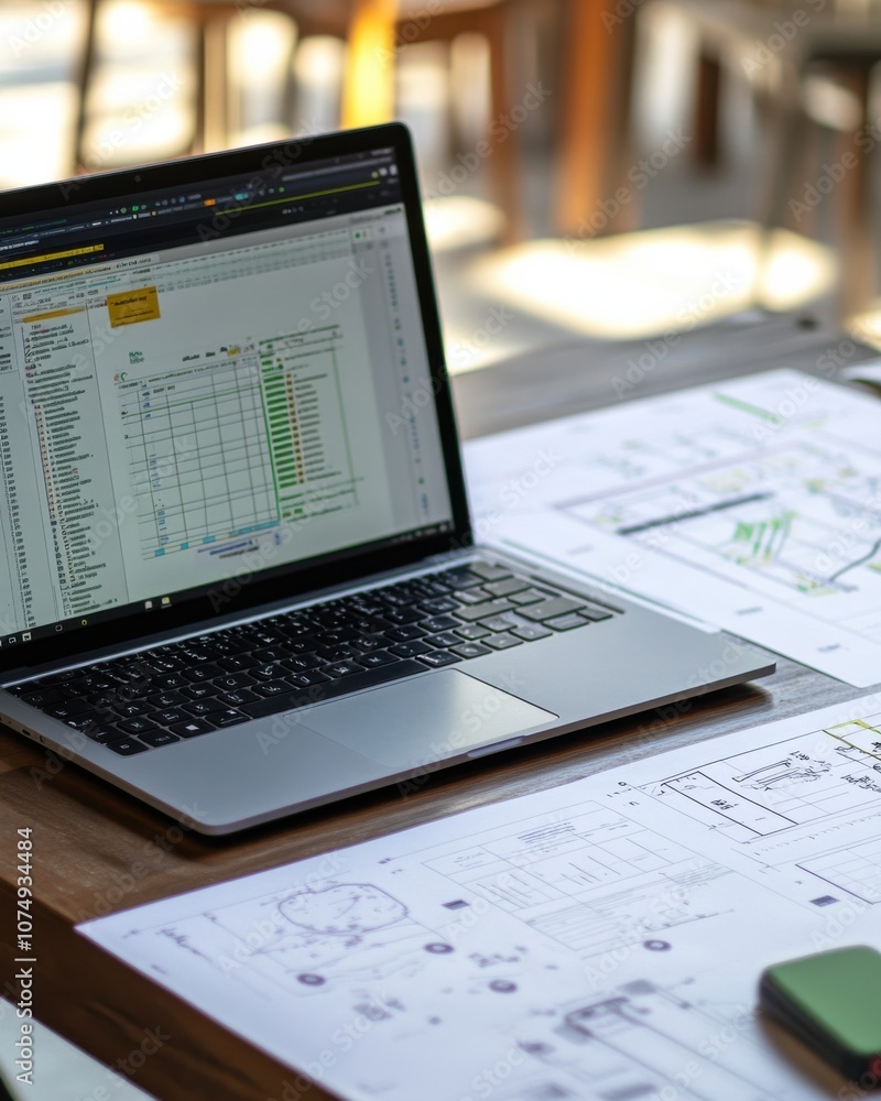 Poster detailed view of a completed ms access database on a laptop with technical drawings in a collaborati