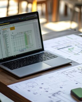 Detailed view of a completed MS Access database on a laptop with technical drawings in a collaborative workspace