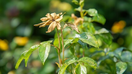 Climate Change Impact: Close-up of Wilting Plant in Vibrant Garden - Biodiversity and Resilience Concept