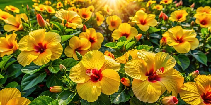 Drone captures a field of bursting yellow hibiscus flowers.