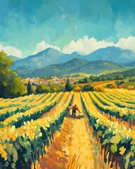 A farmer tending to grapevines in a picturesque vineyard surrounded by mountains on a bright sunny day