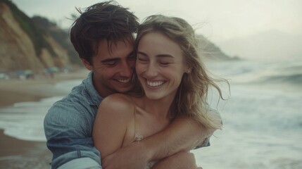 Fototapeta premium A couple is hugging on a beach, with the man wearing a blue shirt