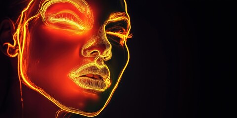 Naklejka premium Neon glowing face portrait, vibrant colors, artistic expression, digital art