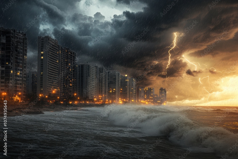 Aufkleber dark clouds gather as a storm approaches the coastal city, where lightning illuminates the sky while