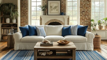 Obraz premium A white sofa with blue pillows sits in front of a brick fireplace in a living room with large windows.