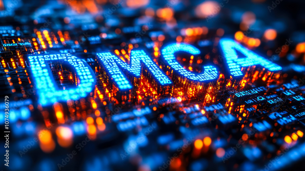 Poster digital protection concept with matrix binary code forming dmca acronym in blue and orange