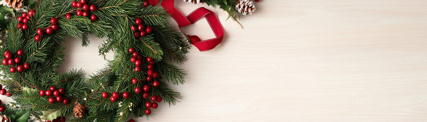 Elegant Christmas wreath with red berries and pine cones white wooden table