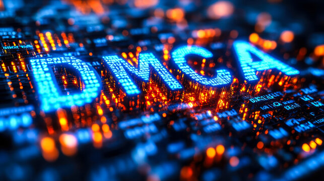Digital Protection Concept with Matrix Binary Code Forming DMCA Acronym in Blue and Orange