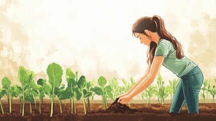 A young woman tending to her garden,  planting new seedlings in the fertile soil.