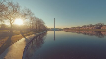 A serene afternoon view of the Washington Monument mirrored in the reflecting pool surrounded by cherry blossoms
