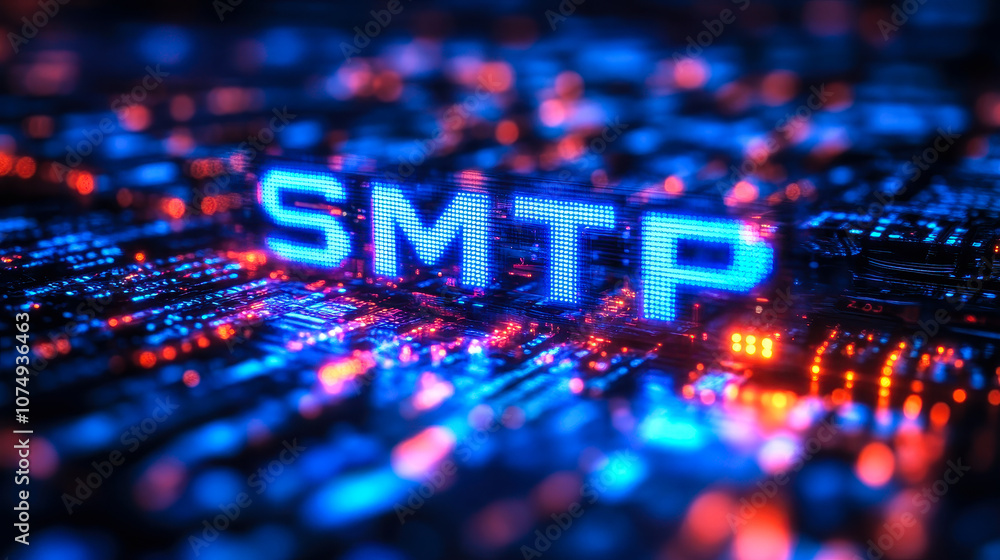 Poster digital matrix binary code forming smtp acronym - concept of simple mail transfer protocol