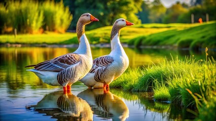 Obraz premium Embden geese, river, and grass; a serene Chinese rural scene.