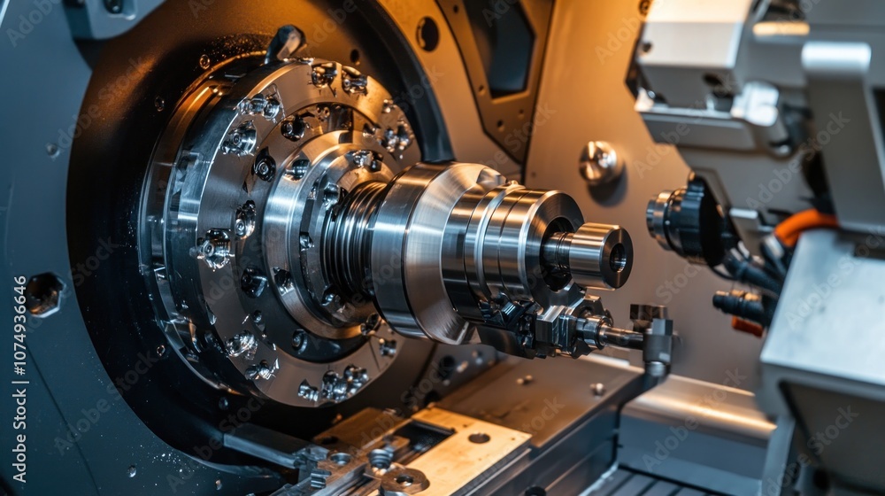 Poster close-up of a lathe machine in operation