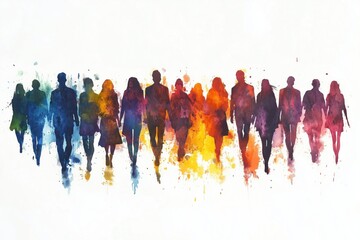 Obraz premium Silhouettes of diverse people in vibrant watercolor style, colorful background